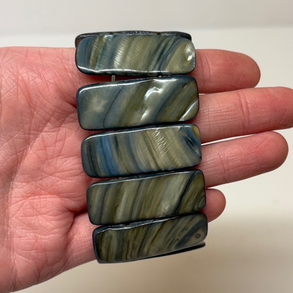 Blue Iridescent Shell Tile Stretch Bracelet Rectangular Polished Coastal